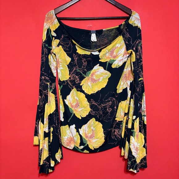 We The Free Floral Print Long Sleeve Top Black Yellow Women's Large - Picture 1 of 6